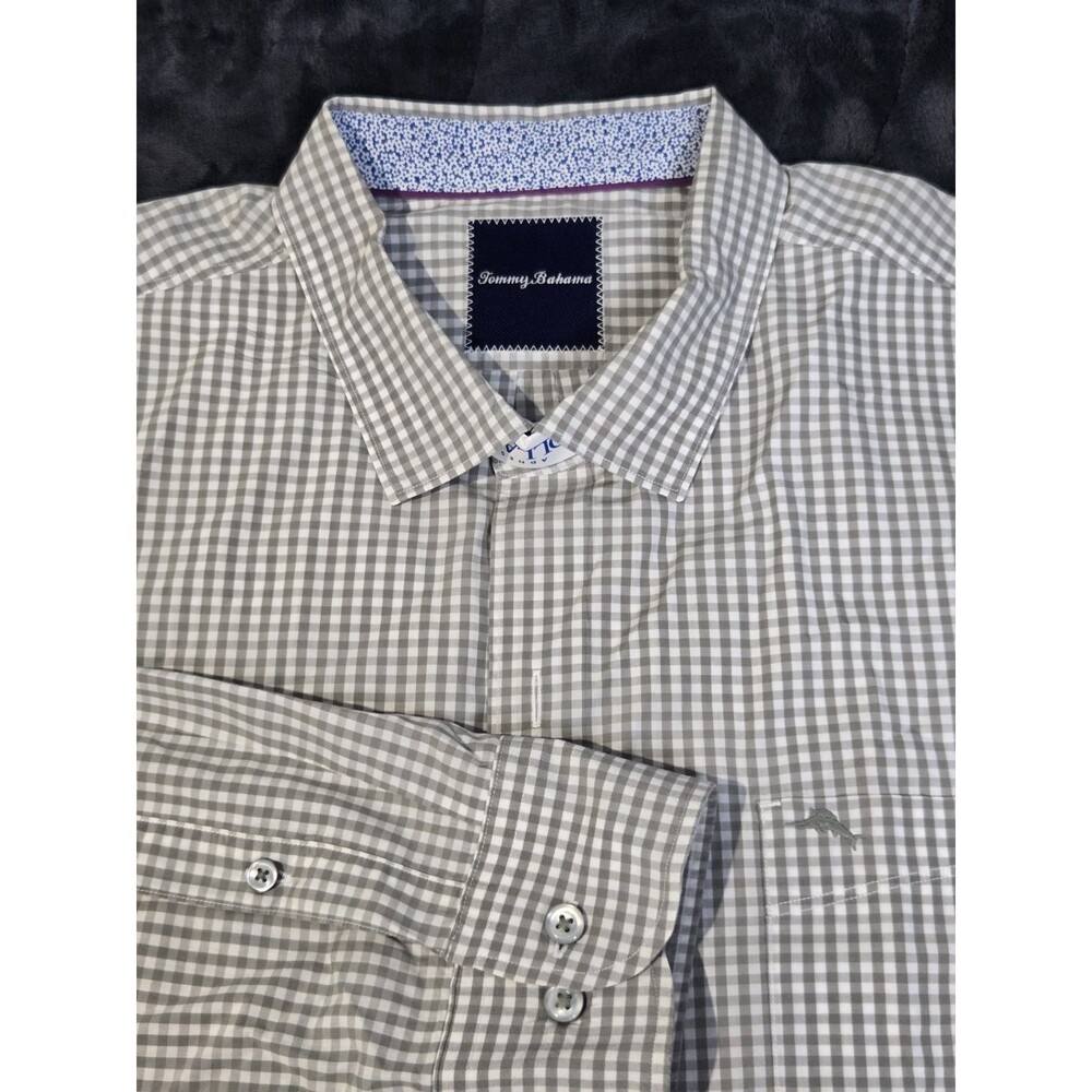 Tommy Bahama Long Sleeve Shirt Mens XXL Gray Gingham Check Pima Cotton Button Up